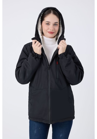 Kadın Siyah İçi Kürklü Su Ve Rüzgar Geçirmez Kapüşonlu Kışlık Mont & Kaban & Parka Siyah