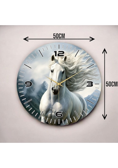 Beyaz At Renkli Baskı Hayvan Desenli Sayılı Hediyelik Ahşap Sessiz Duvar Saati 50cm ÇOk Renkli