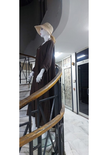 İtalyan V Yaka Uzun Kol Keten Elbise-8907 Koyu Kahve