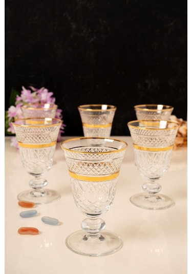 Mest 6 Kişilik Gold Yaldız Ayaklı Cam Kahve Yanı Su Bardağı Seti - 200 Cc Şık Sunumlar Için Zarif Seçim Gold