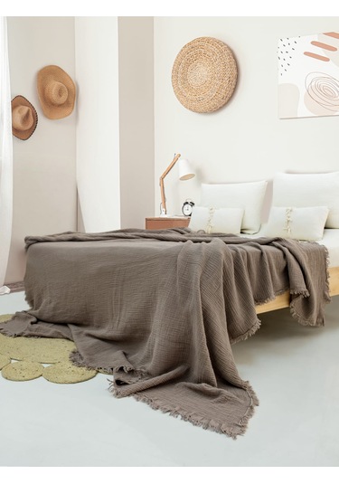 4 Katlı Müslin Yatak Örtüsü - Açık Gri Renk Çift Kişilik Pike Açık Gri