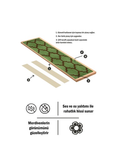 Dikdörtgen Dokuma Merdiven Halısı Kendinden Yapışkanlı Yeşil Kahve