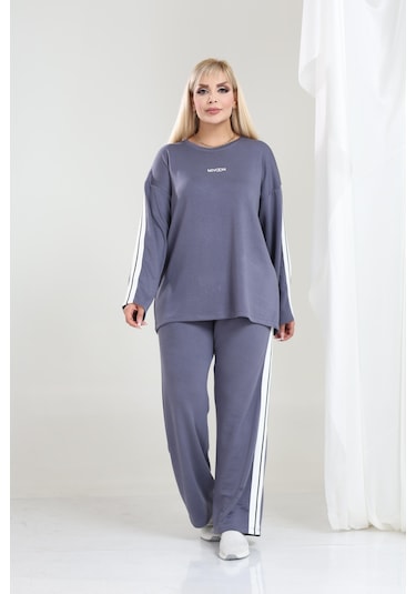 Kadın Büyük Beden Uzun Kollu Şerit Detaylı Oysho Tarzı Modal Kumaş Takım Gri