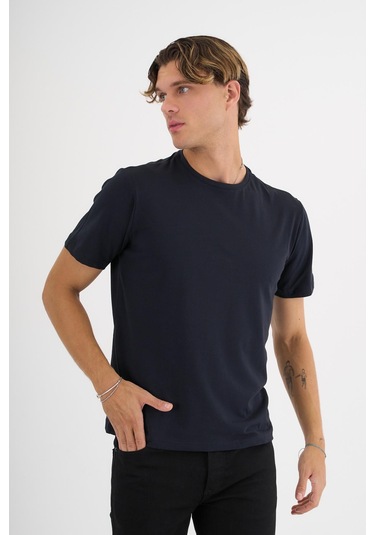 Erkek Lacivert %100 Pamuklu Standart Kalıp Likralı Basic T-shirt Siyah