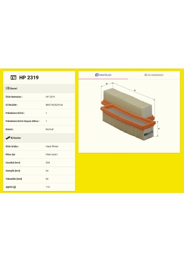 Tümosan Kabin Klima Polen Filtresi Kısa Tip Fil Hp2319/0-7254743