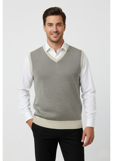 Erkek V Yaka Süveter Çelik Örgü Regular Kalıp Bgl-st04840 Taş