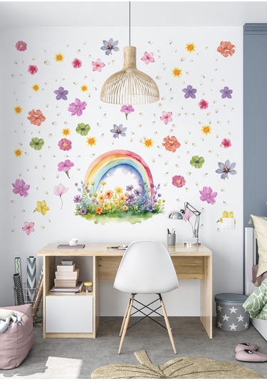 Gökkuşağı & Çiçek Duvar Sticker Mat, Sökülebilir, Dekoratif Duvar Süsü 01