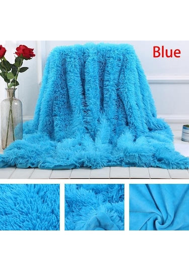 Yumuşak Taklit Kürk Mercan Polar Battaniye Kış Sıcak Bulanık Tüylü Kabarık Battaniye Kapak Lüks Peluş Bulanık Yatak Örtüsü Battaniye Yatak Mavi