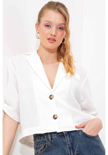 Gabria Kısa Keten Ceket Beyaz