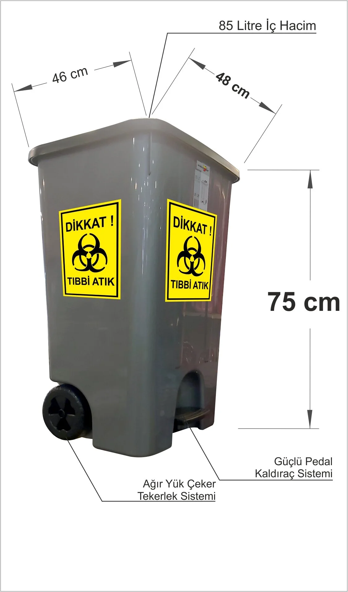 Büyük 85lt Tekerlekli Saplı Hastane Klinik Revir Tıbbi Atık Sızdırmaz Kırılmaz Çöp Kovası Arabası Metalik Gri