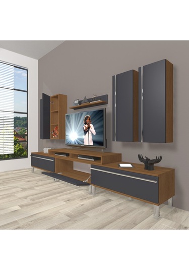 Decoraktiv Ekoflex 8d Mdf Krom Ayaklı Tv Ünitesi Tv Sehpası Ceviz - Antrasit