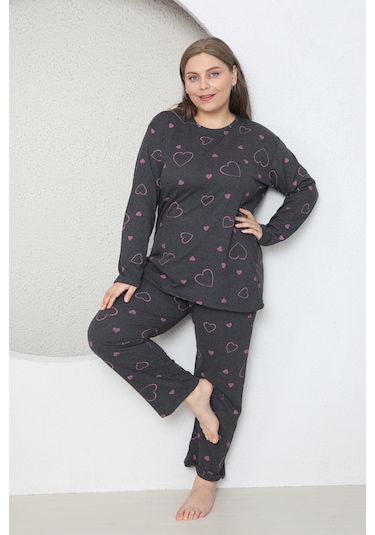 Fames Pijama Büyük Beden Kalp Desenli Mevsimlik Uzun Kol Pijama Takim Füme