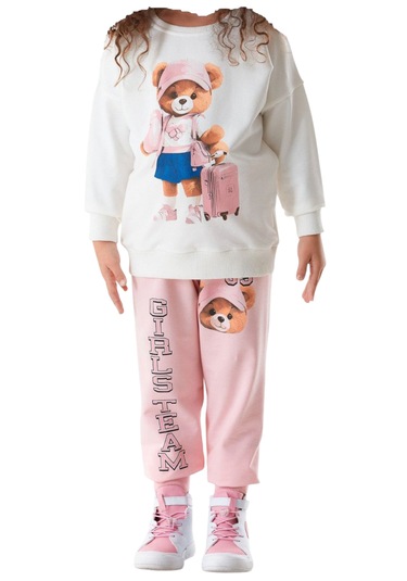 Kız Çocuk Ayıcık Yazı Desenli Ekru Renk Eşofman Takımı