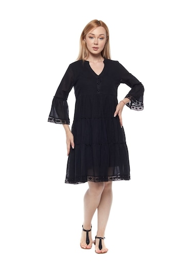 Kısa Kollu Siyah Düğmeli Vual Yazlık Elbise