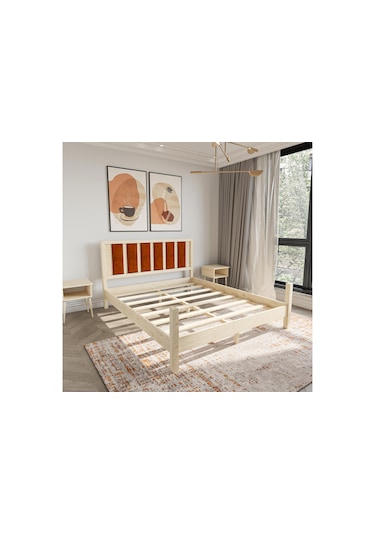 Orion Model Kiremit Renk Puflu Başlıklı Doğal Çam Ahşap Karyola-80 180 x 200 CM