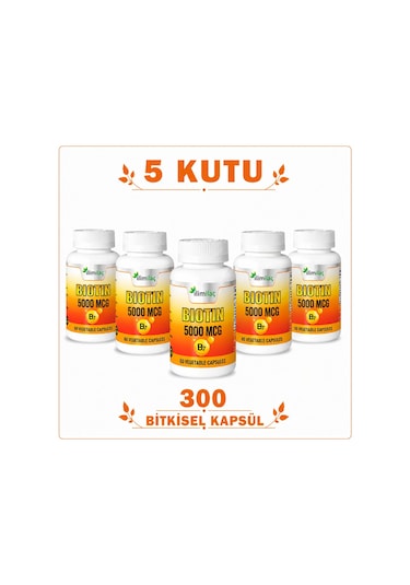 Biotin 5000 Mcg 5 Kutu 300 Bitkisel Kapsül Biotin Takviye Edici Gıda