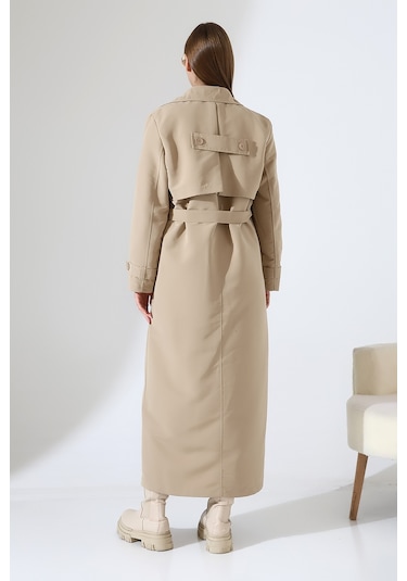 Amazon Keten Kumaş Uzun Boy Düğmeli Astarlı Yumuşak Dokulu Trenç Kot Taş Taş