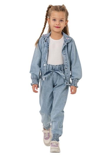 Kız Çocuk Ceketi Nakışlı Çıtçıt Kapama Kot Pantolonlu Üçlü Takım Mavi