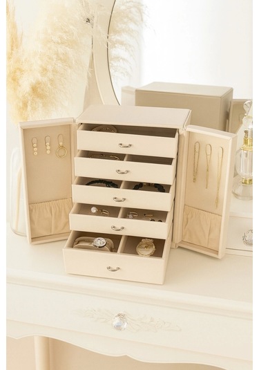 Dışı Deri İçi Kadife 5 Çekmeceli Takı Bijuteri Mücevher Kutusu Organizer Düzenleyici Krem İthal Ürün