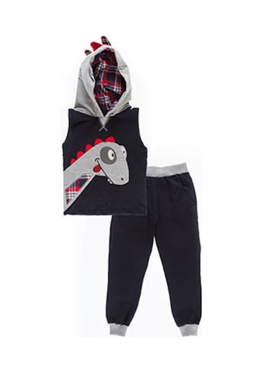 Denokids Dino Kolsuz Yelekli Eşofman Takım - Gri - Siyah - Kırmızı