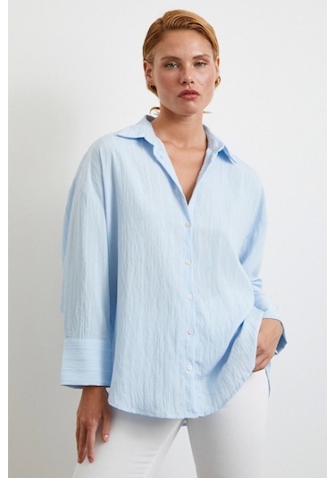 Kabartma Çizgili Oversize Gömlek Mavi Mavi