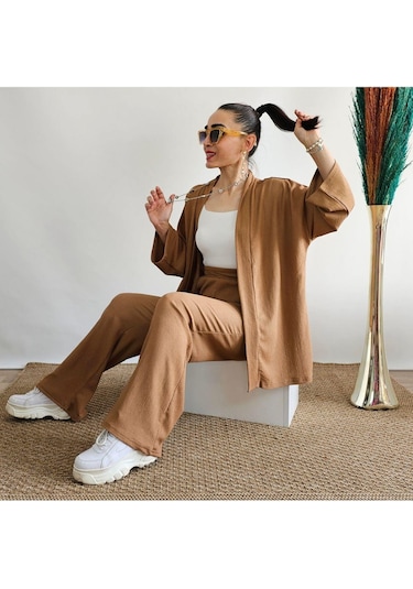 İpli Latte Renk Cep Detaylı Bol Paça Kimono Takım Latte
