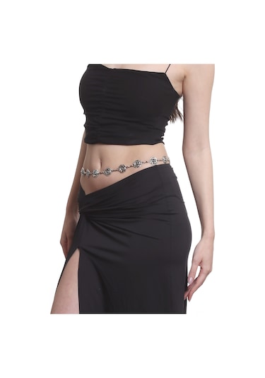 Labalaba Kadın Antik Gümüş Kaplama Gül Formlu Ayarlanabilir Bel Zinciri, Bel Kolyesi Gümüş