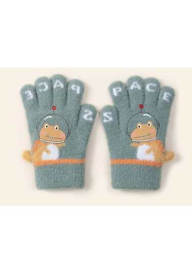 Petityu Space Uzaylı Dino Sıcacık Tutan Yeşil Örme Şirin Eldiven 3-6 Yaş