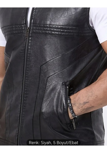 Uzun Hakim Yaka Regular Fit Hakiki Deri Yelek Siyah