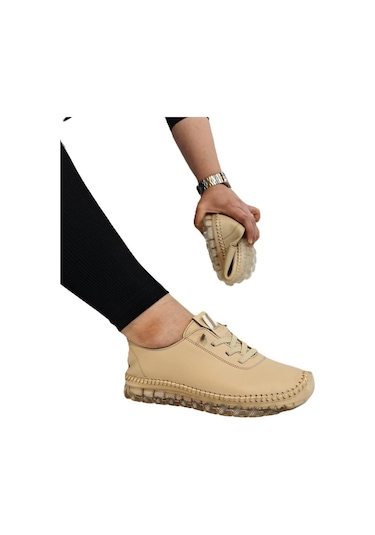 Voyager 9050 Bej Hakiki Deri Şeffaf Taban Bayan Ayakkabı Bej