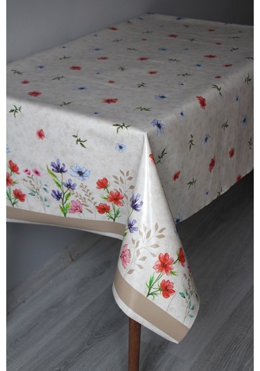 Elyaf Silinebilir Pvc Muşamba Masa Örtüsü Knrsuluçiçek Bej