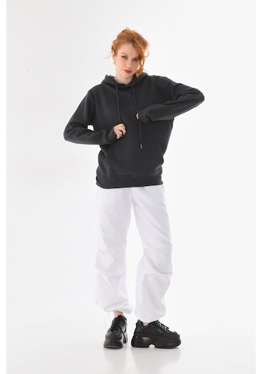 Everest Everst Kapüşonlu 3 İplik Şardonlu Cepli Sweatshirt Antrasit Antirasit