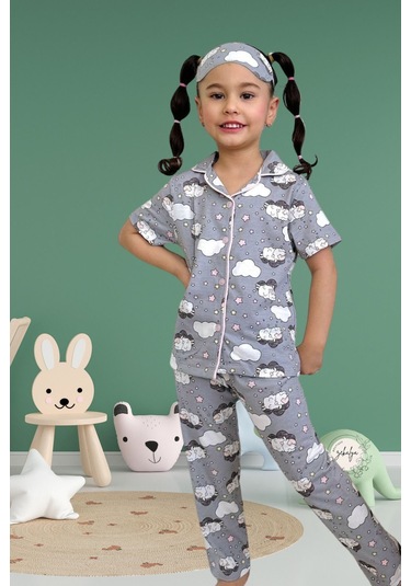 Kız Çocuk Gömlek Yaka Kısa Kollu Düğmeli Kuzu Bulut Desenli Pijama Takımı 3 Parça Gri
