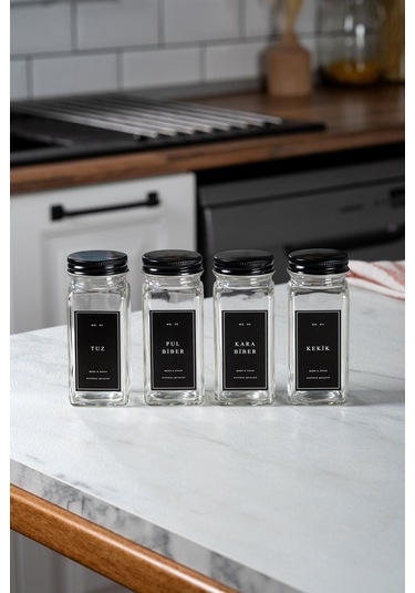 Mienda Home 4'lü Cam Baharatlık Seti Siyah Kapaklı Etiketli Baharatlık Takımı Mh00syh04 Siyah - Şeffaf