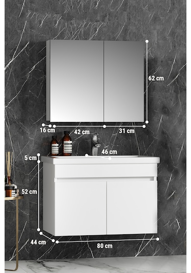 Çiğdem 80 Cm Beyaz Mdf Seramik Lavabolu Asma Banyo Dolabı Takımı Beyaz