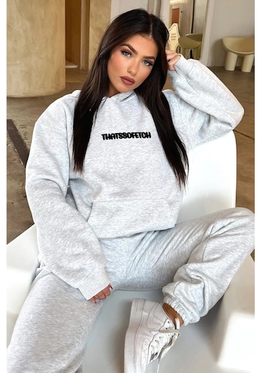 That So Fetch Eşofman Takımı - Gri Baskılı Oversize Kapüşonlu Şardonlu Gri