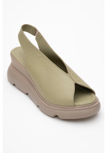 Sam Yeşil Cilt Hakiki Deri Kadın Dolgu Topuk Sandalet Yeşil