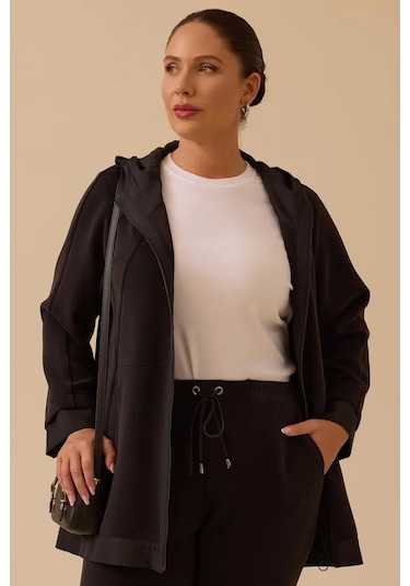 Kadın Büyük Beden Kapüşonlu Fermuarlı Kap - Siyah Siyah