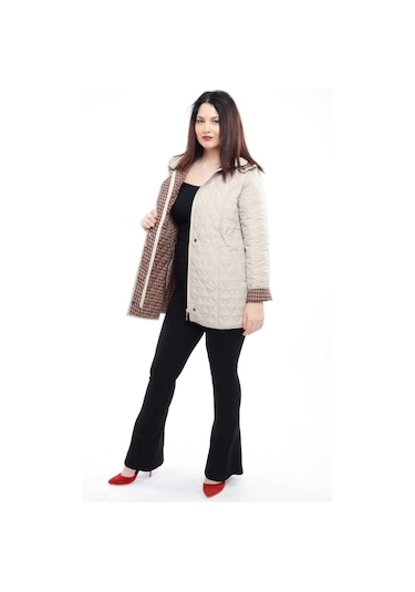 Kadın Ekose Baharlık Kapitone Mont Açık Bej Büyük Beden Çok Renkli