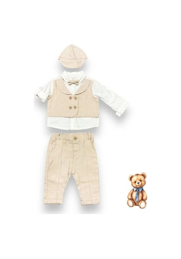 Erkek Bebek Papyon Şapka Gömlek Pantolonlu Pamuklu Şık Takım-14693 Bej