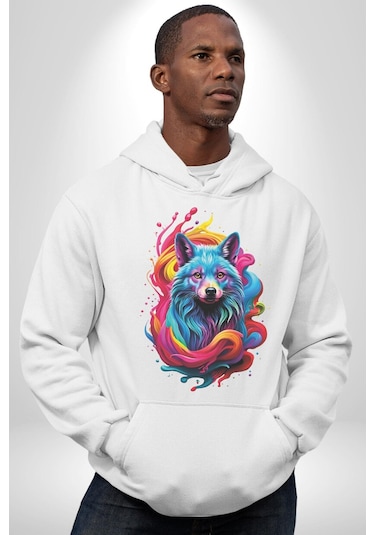 Renkli Kurt Kadın Erkek Beyaz Kapüşonlu Sweatshirt Hoodie Beyaz