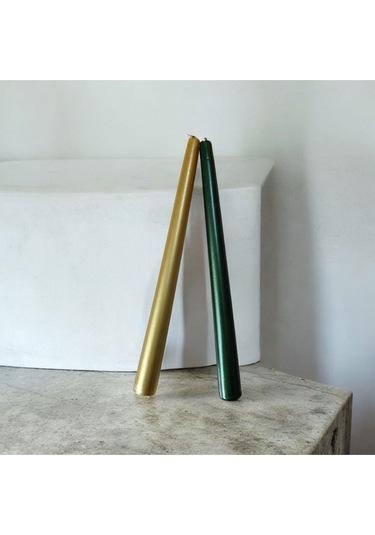 Denic 2 li Metalik Yeşil ve Gold Şamdan Mum Konik Mum