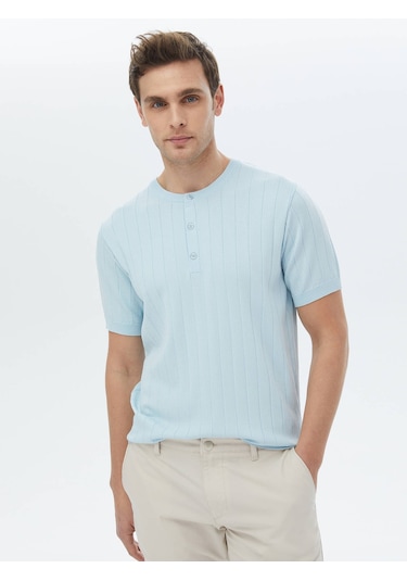 Kip Açık Mavi Hakim Yaka Jakarlı Triko Çok Renkli