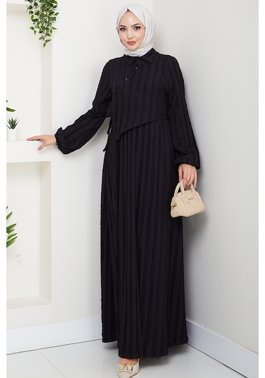 Çapraz Bağlamalı Bürümcük Elbise 1617 - Siyah Siyah