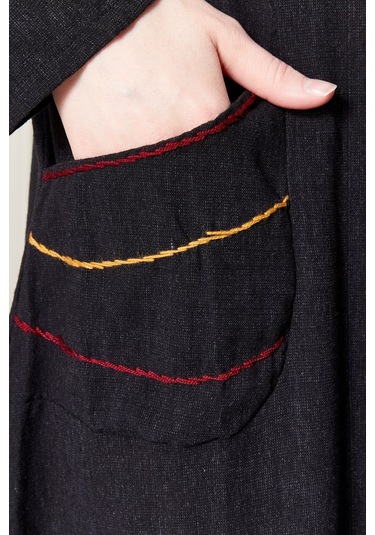 Cep İşlemeli Uzun Keten Elbise - Zarif Ve Rahat Siyah