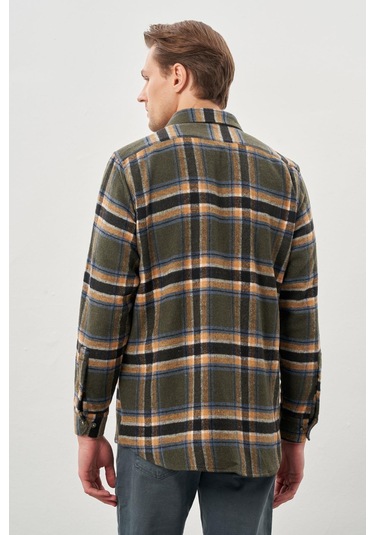 Koyu Haki Yünlü Ekose Desen Yumuşak Yaka Cepsiz Uzun Kol Casual Comfort Fit Gömlek 1004245227 Koyu Haki