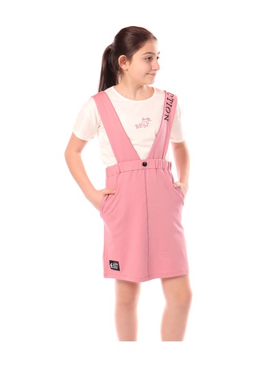 Toontoy Kız Çocuk 2li Salopetli Takım Koyu Pudra