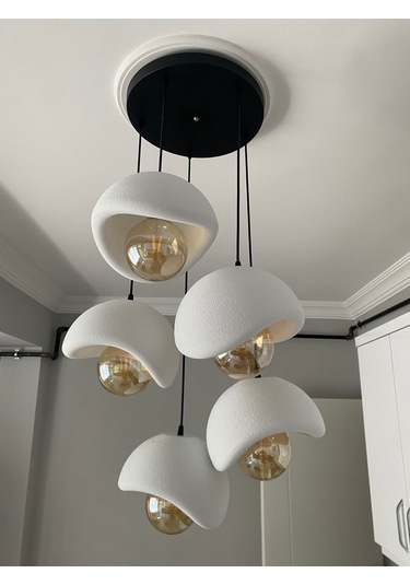 Modern 5'li Avize Beton Dokulu - Salon Ve Oturma Odası İçin Şık Tasarım Rustik Ampul Hediyeli Siyah