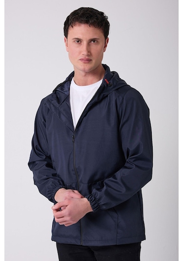 Erkek Astarlı Kanguru Cepli Su Ve Rüzgar Geçirmez Kapüşonlu Cepli Yağmurluk - Rüzgarlık Lacivert