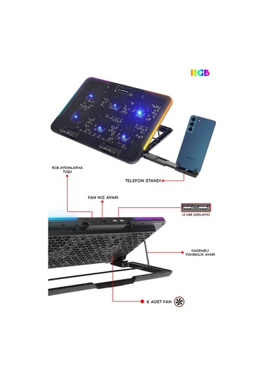 Rampage Sixpower R9 6 Fan RGB Telefon Tutuculu USB Çoklayıcı Notebook Soğutucu Stand